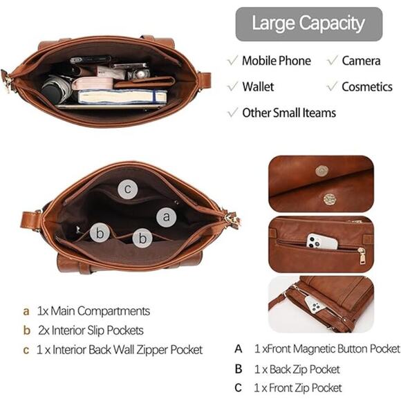 Women's Vegan Leather Crossbody Brown - Chic, Multi-Pocket, Versatile & Stylish - Picture 6 of 7